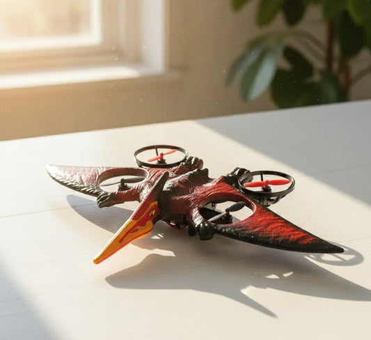 Gulfsouqnest red and black dinosaur flying drone toy with propellers on white surface in sunlight