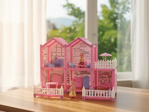 Gabby's dollhouse playset featuring a pink multi-room dollhouse with miniature furniture and characters
