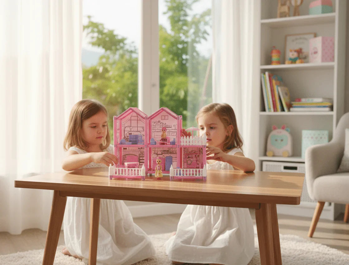 Two girls playing with a pink plastic gabby's dollhouse playset on a wooden table in a bright room