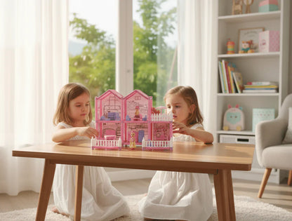 Two girls playing with a pink plastic gabby's dollhouse playset on a wooden table in a bright room